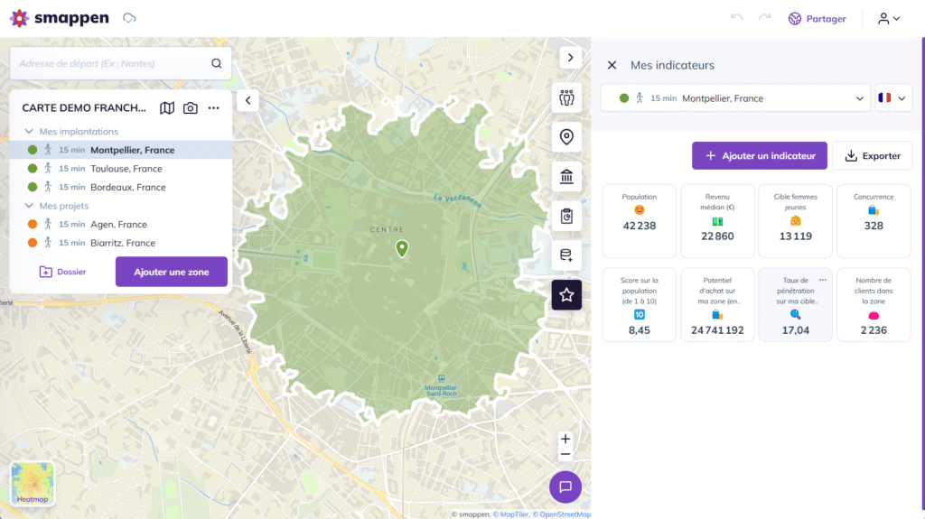 Développement réseau franchise Smappen - indicateurs personnalisés